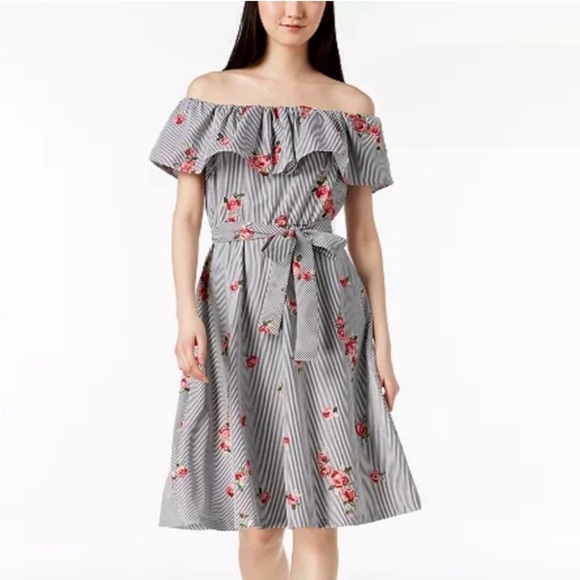 Calvin Klein Embroidered and Striped Off the Shoulder Dress Size 4 - Picture 1 of 8